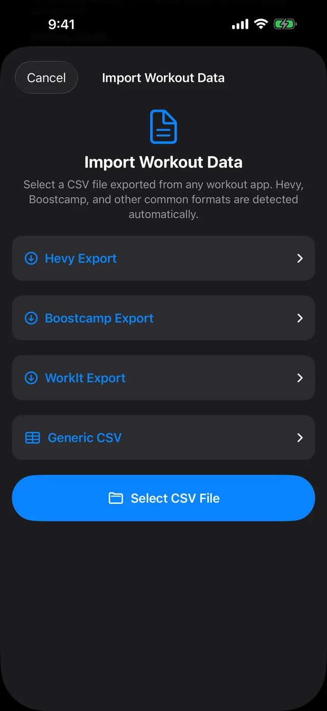PRGRS Import Workout Data screen with options for Hevy, Boostcamp and WorkIt exports or a generic CSV file