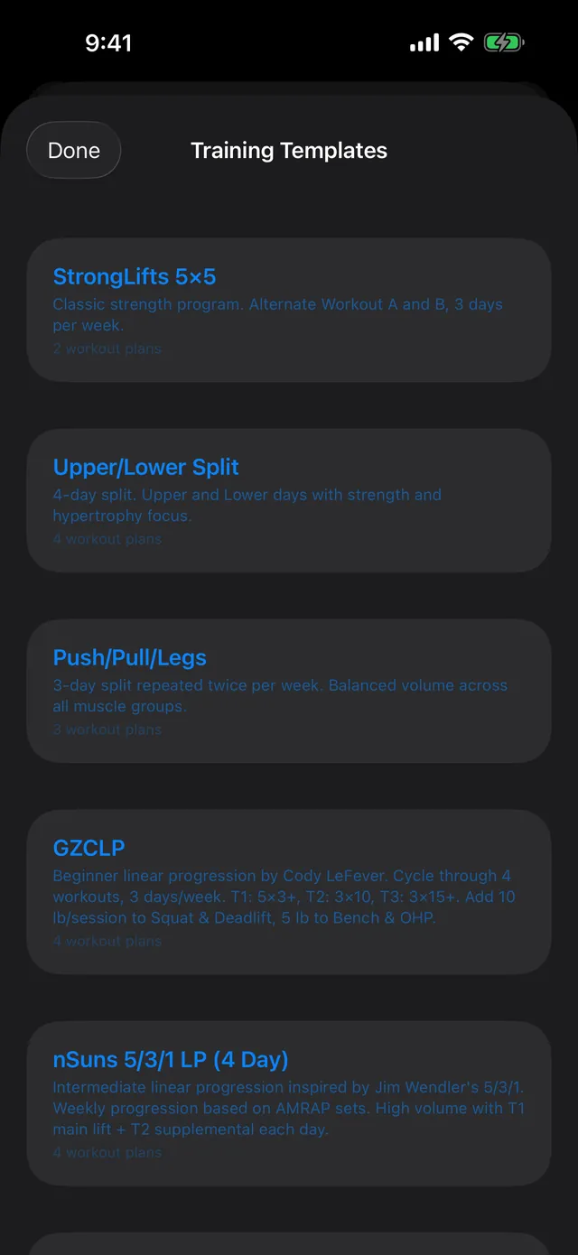 PRGRS Training Templates: built-in programs including StrongLifts 5×5, Upper/Lower Split, Push/Pull/Legs, GZCLP and nSuns 5/3/1 LP